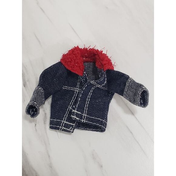 BARBIE DOLL MY SCENE FASHION BLUE JEAN DENIM RED FUR‎ COLLAR JACKET - Picture 1 of 3